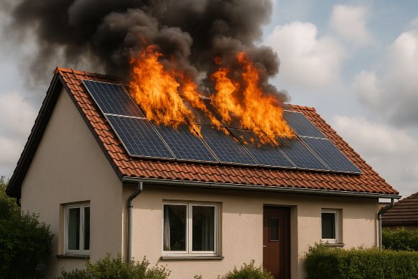 Brennende Solaranlage auf einem Dach eines Hauses