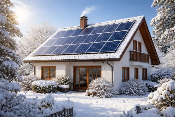 Photovoltaikanlage im Winter auf einem Einfamilienhaus im Schnee