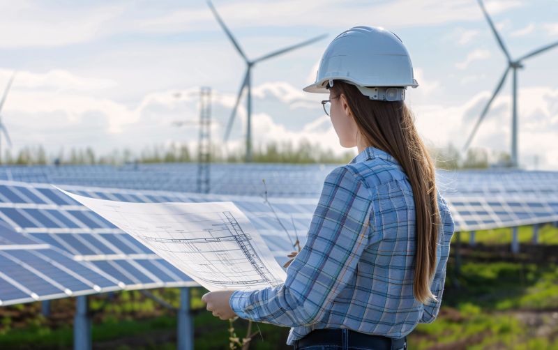 Frau vor Solaranlage auf Feld und Windkraft im Hintergrund