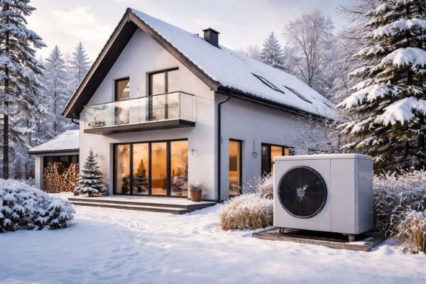 Wärmepumpe am Einfamilienhaus im Winter